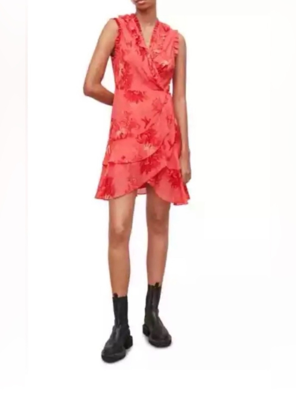 AllSaints Ari Pink-Red Floral Wrap Dress